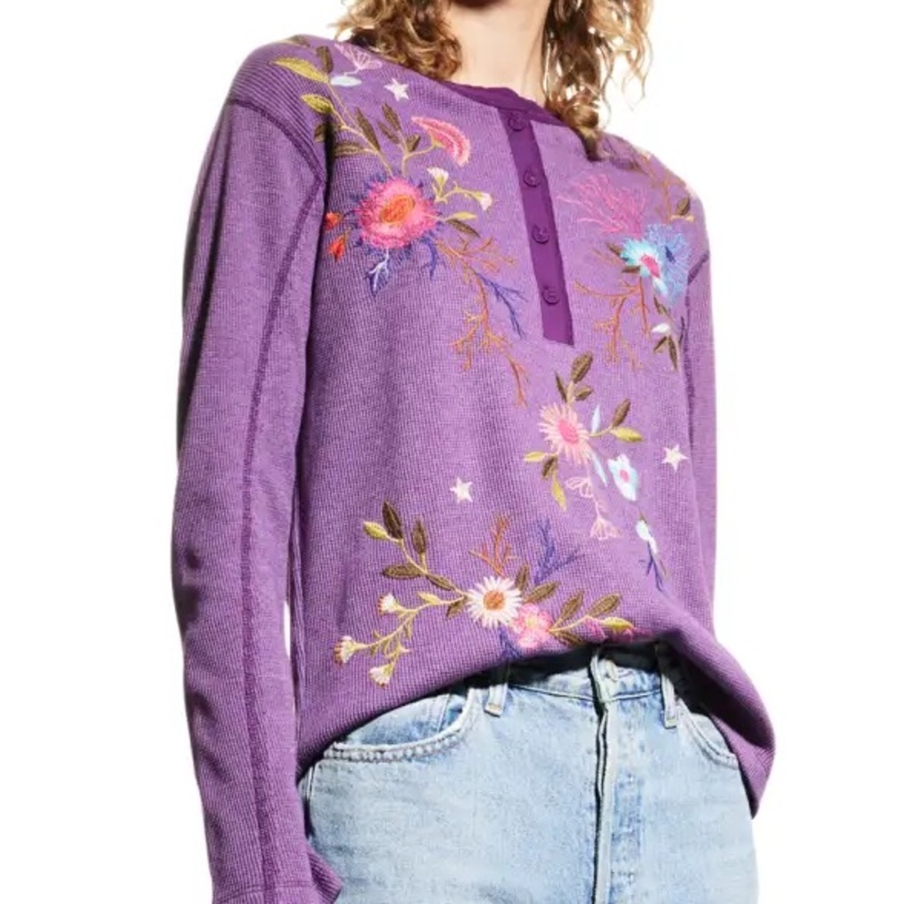 Johnny Was Ulla Floral-Embroidered Henley Thermal Tee